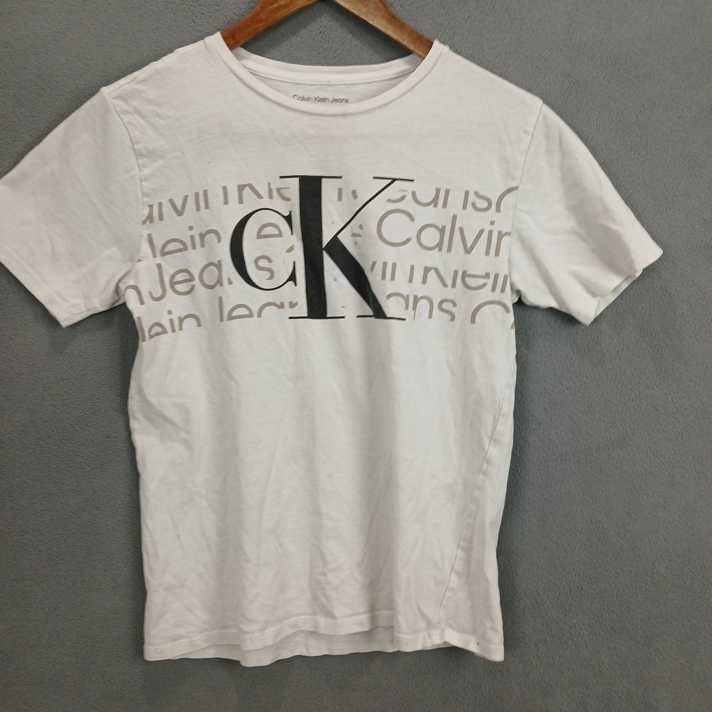 Calvin Klein Jeans T Shirt Boys M (10/12) White Spellout Graphic Print Cotton